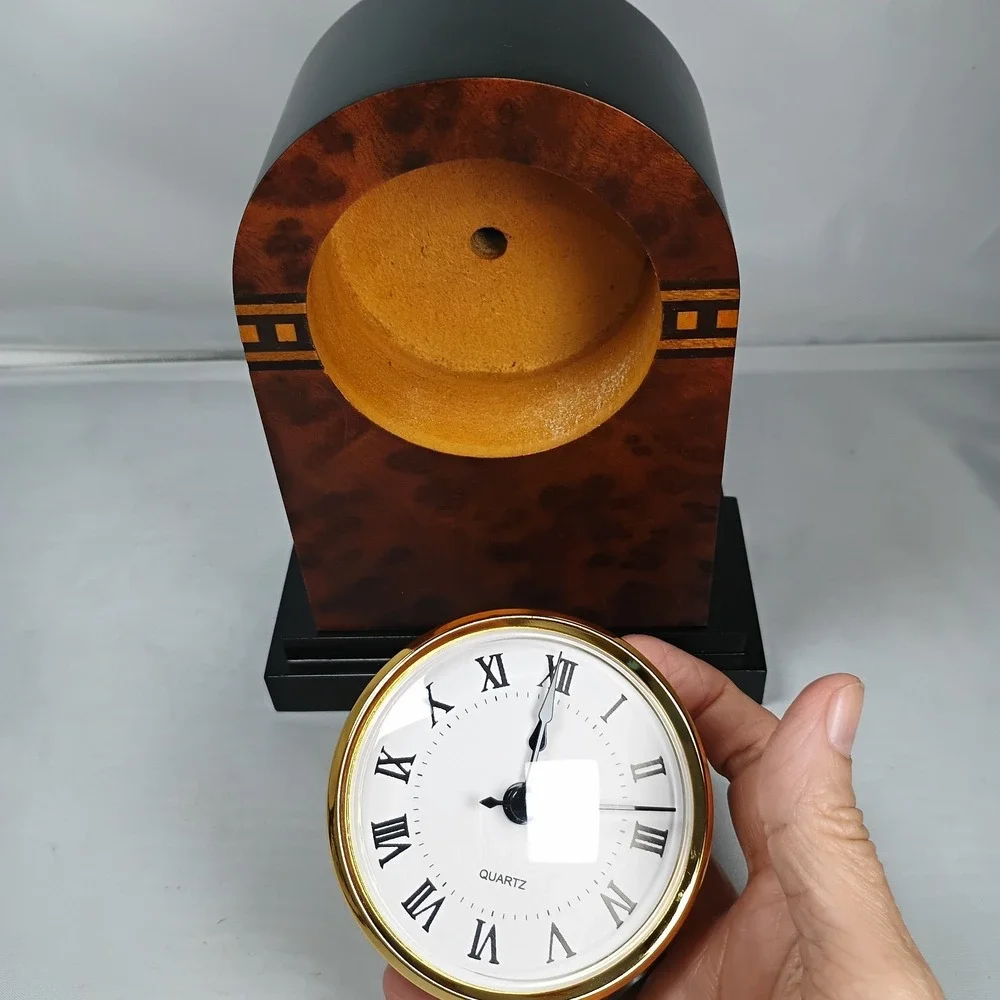 Dayton Hudson Corp Deco Wooden Clock Semi Circular Art Hand Inlaid Design Quartz